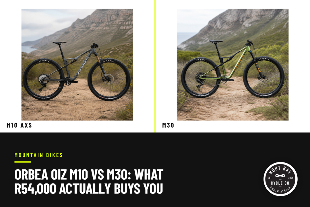 Orbea Oiz M10 AXS and M30 side by side on a Cape Peninsula trail, with the headline Orbea Oiz M10 vs M30: what R54,000 actually buys you