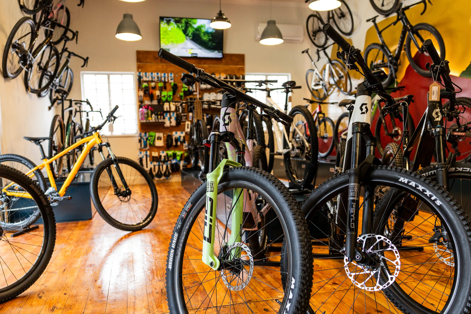 Floor-level view of mountain bikes at Hout Bay Cycle Co, suspension forks and knobbly tyres in the foreground